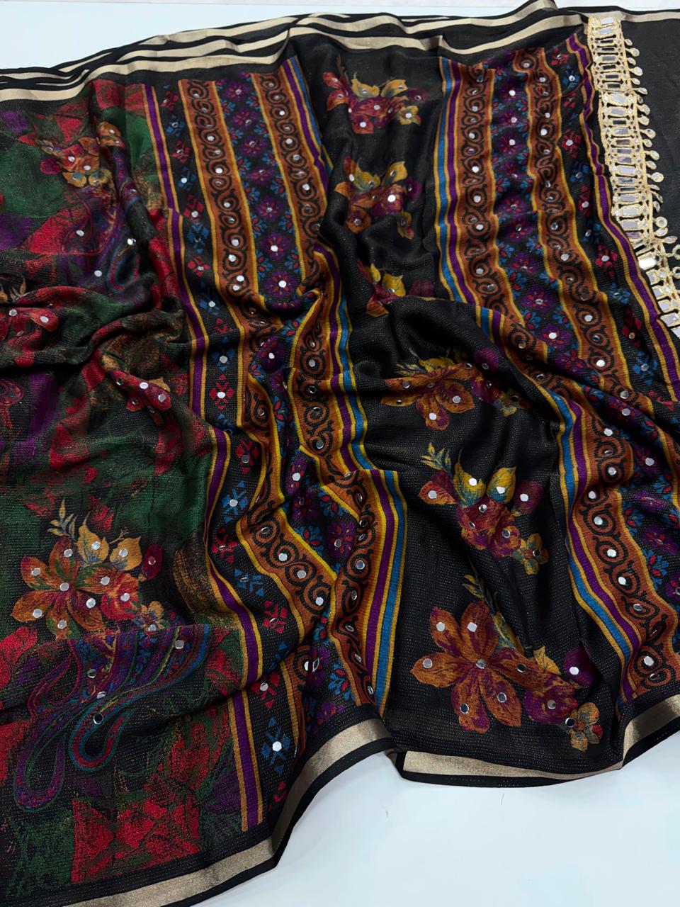 Soft silk real mirror work saree