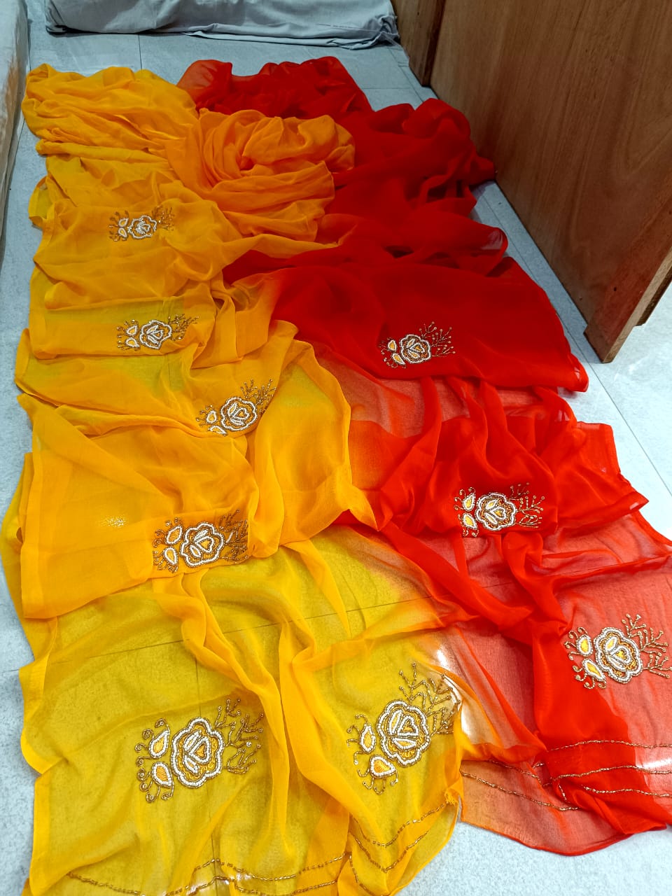 Dual Colour Chiffon Handwork sarees