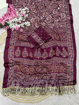 Ajrakh Mirror Work Saree, Mirror All Over