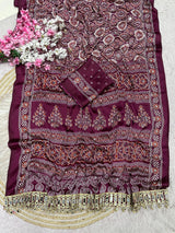 Ajrakh Mirror Work Saree, Mirror All Over
