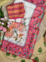 Ajrakh Mirror Chinnon Saree with Hand Work - Off-White