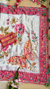 Ajrakh Mirror Chinnon Saree with Hand Work