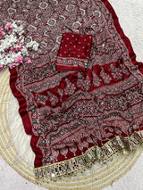Ajrakh Mirror Work Saree, Mirror All Over