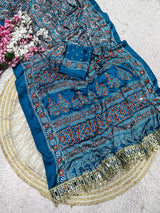 Ajrakh Mirror Work Saree, Mirror All Over