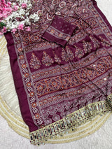 Ajrakh Mirror Work Saree, Mirror All Over - Wine