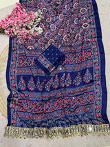 Ajrakh Mirror Work Saree, Mirror All Over