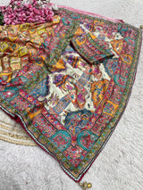 Ajrakh Chinnon Saree with Piping and Mirror Work
