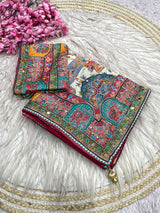 Ajrakh Chinnon Saree with Piping and Mirror Work