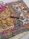 Ajrakh Chinnon Saree with Piping and Mirror Work - Multicolor