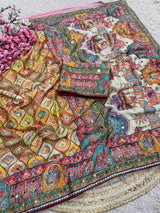 Ajrakh Chinnon Saree with Piping and Mirror Work - Multicolor
