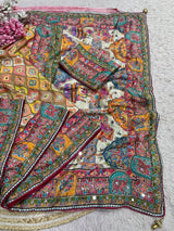 Ajrakh Chinnon Saree with Piping and Mirror Work