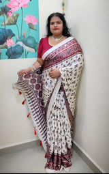 Ajrakh Mirror Saree with Real Mirror Work - Off-White