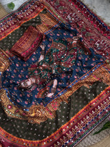 Rashmika Inspired Ajrakh Mirror Crepe Silk Saree - Navy Blue