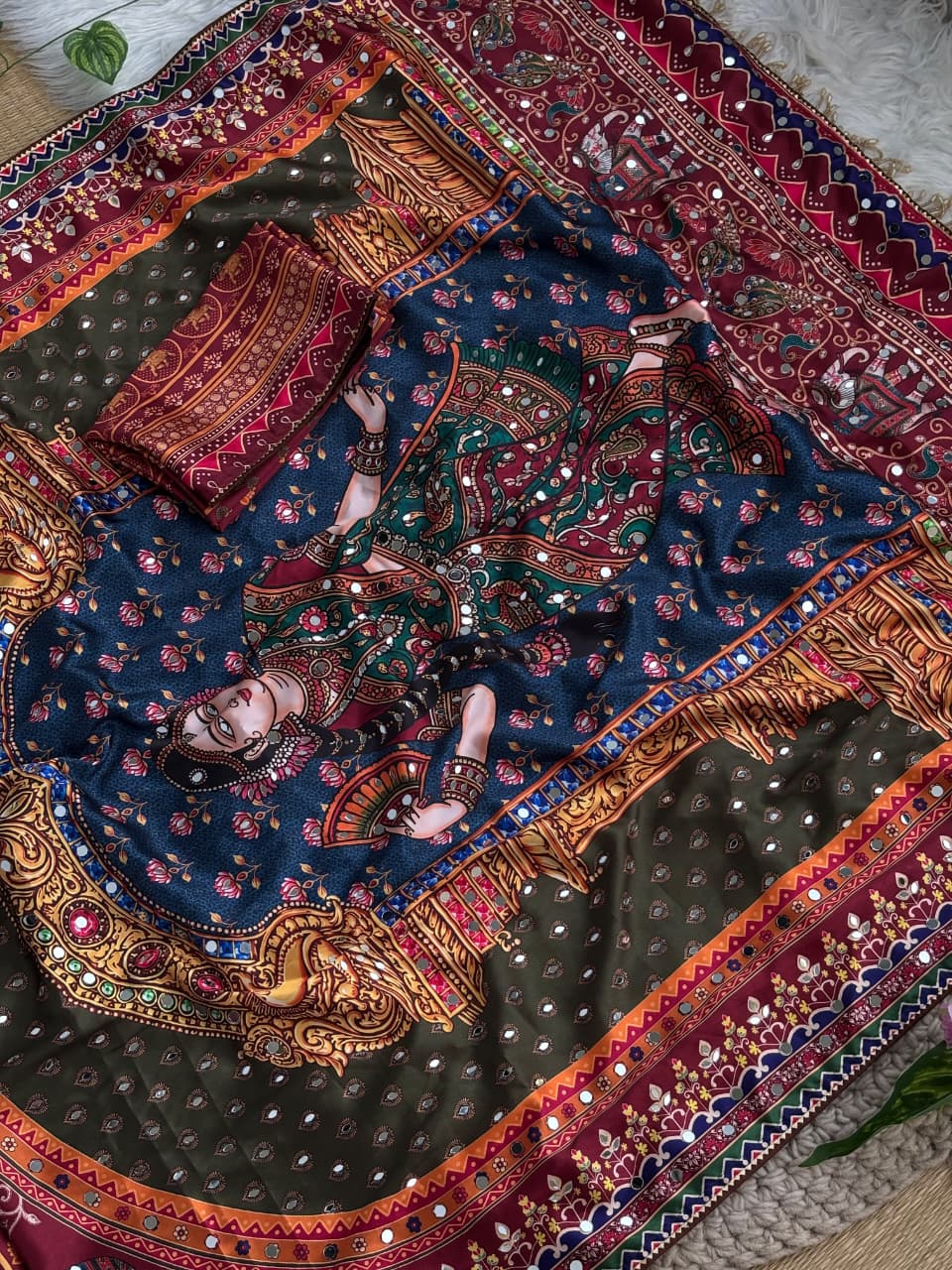 Rashmika Inspired Ajrakh Mirror Crepe Silk Saree - Navy Blue