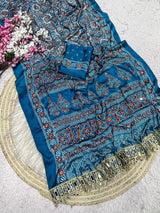 Ajrakh Mirror Work Saree, Mirror All Over