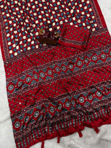 Ajrakh Mirror Work Saree, All Over Mirror