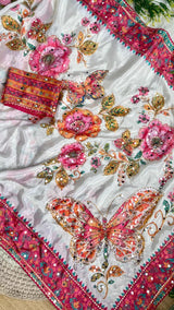 Ajrakh Mirror Chinnon Saree with Hand Work