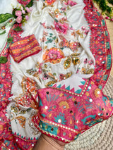 Ajrakh Mirror Chinnon Saree with Hand Work