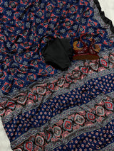 Ajrakh Mirror Work Saree, All Over Mirror