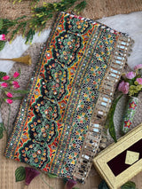 Ajrakh Mirror Work Saree, Mirror Patta Pallu