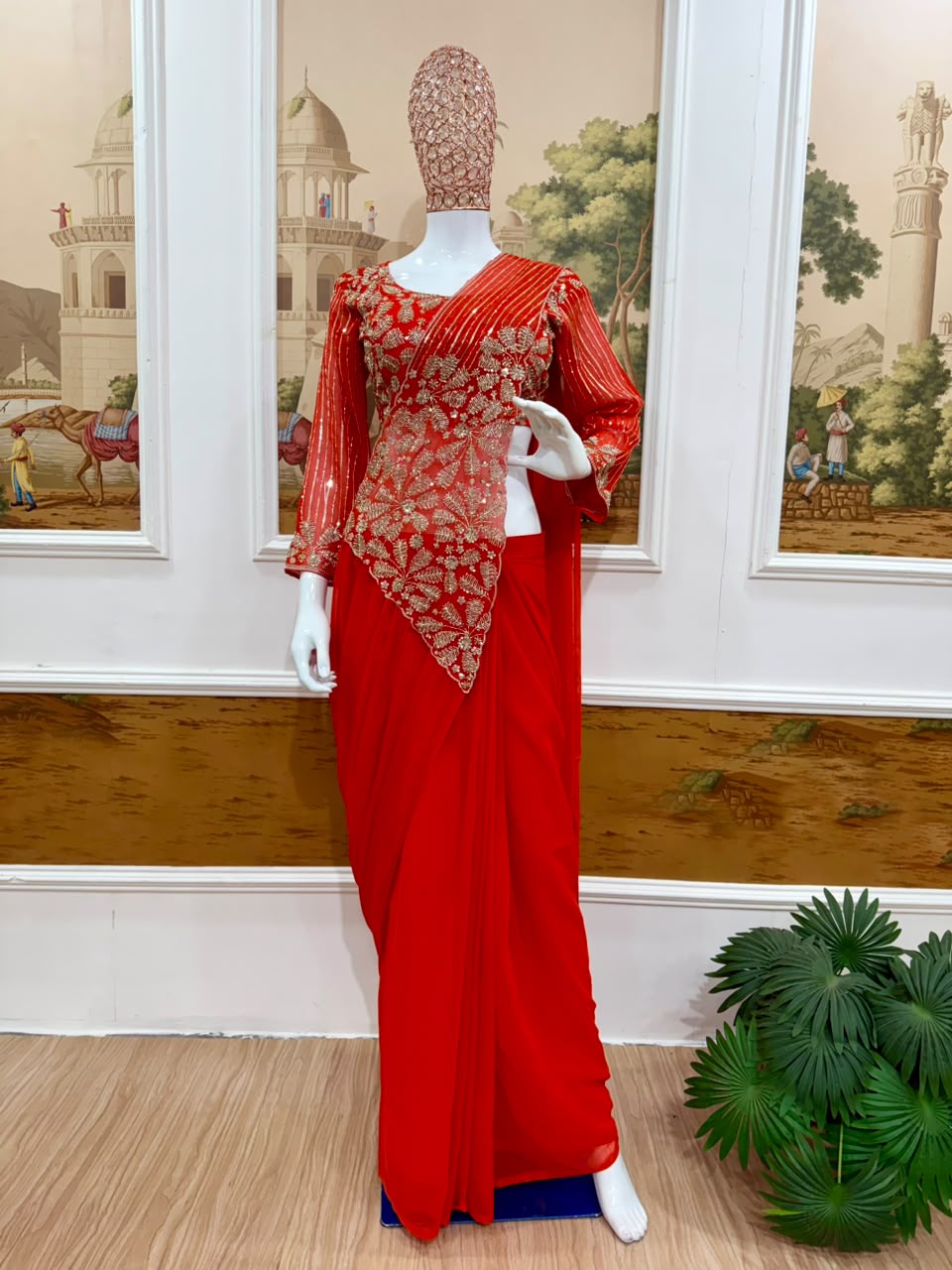 1 Minute Ready To Wear Saree - Premium Faux Georgette - Red