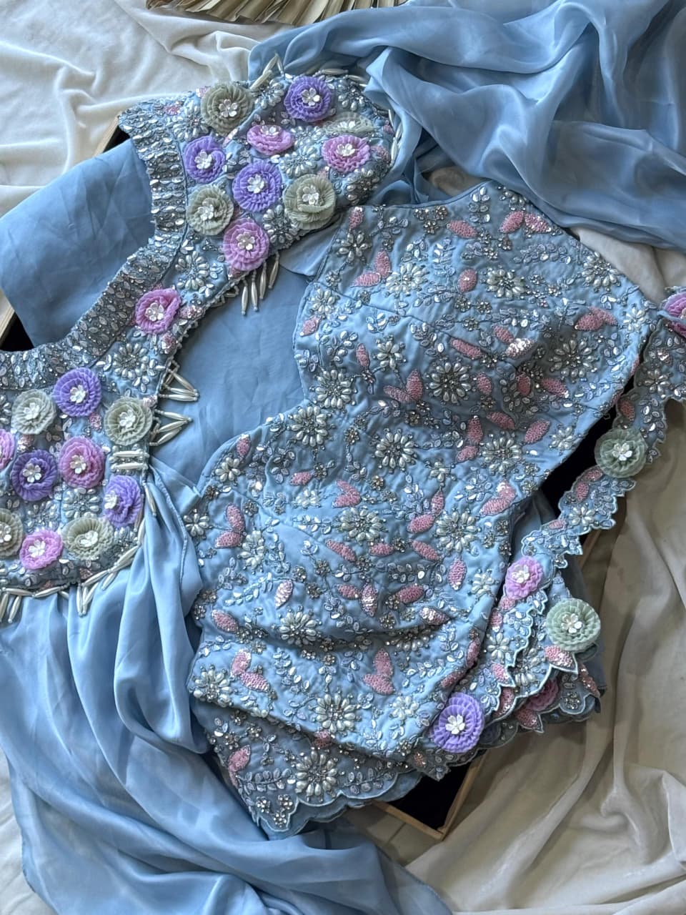 1 Minute Ready To Wear Saree - Space Silk - Light Blue