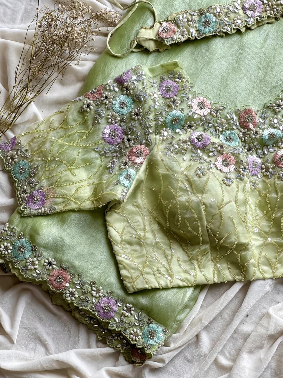 1 Minute Saree Ready To Wear - Space Silk - Pistachio Green