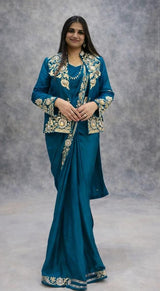 1 Minute Saree with Coat - Heavy Crep - Teal