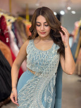1 Minute Ready To Wear Saree - Rangoli Silk - Grey Blue