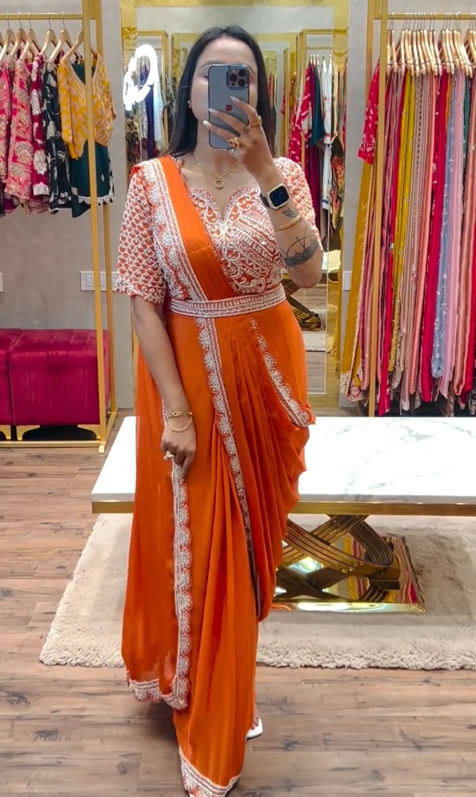1 Min Saree - Heavy Chinon - Orange