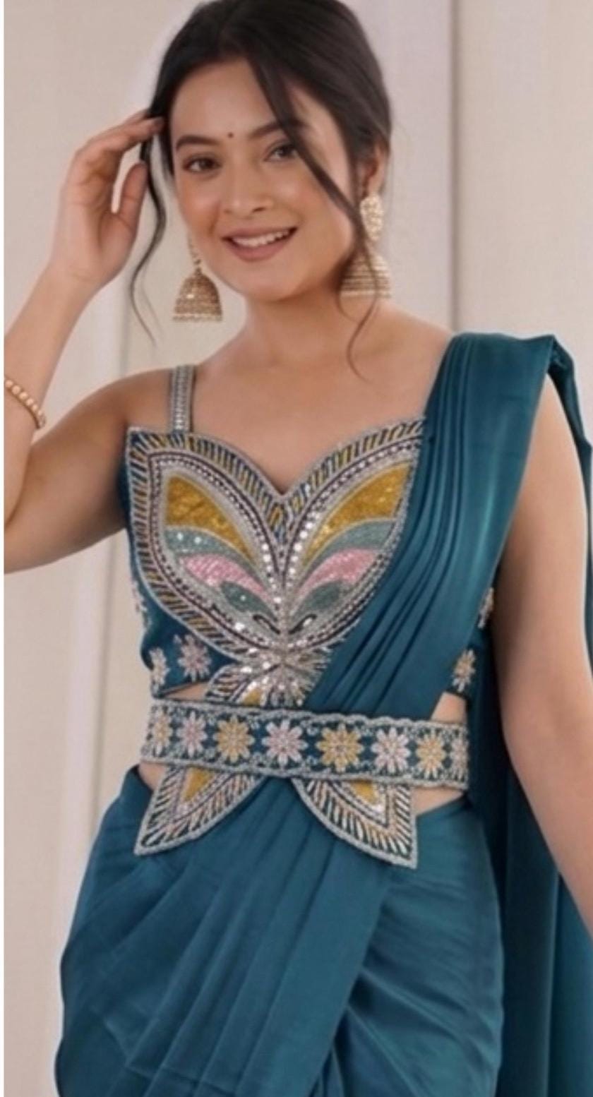 1 Minute Sarees - Heavy Chinon - Teal