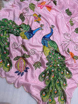 Malai silk with real mirror and hand work with digital peacocks