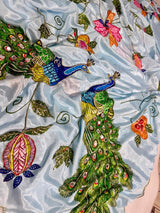 Malai silk with real mirror and hand work with digital peacocks