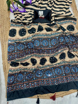 AJRAKH MIRROR premium crepe with saree all over mirror with plain blouse