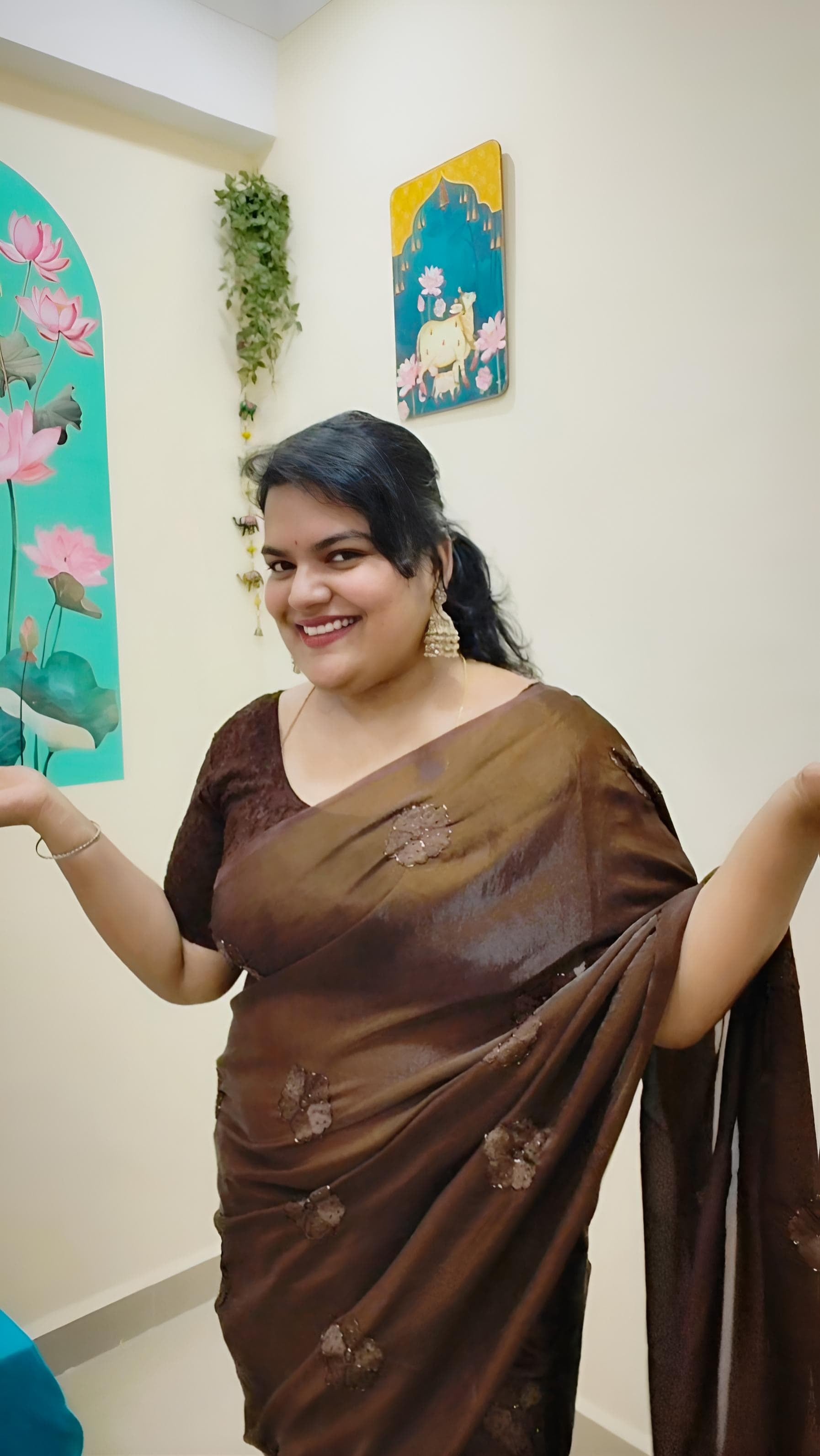 Space silk saree with beads work flower design