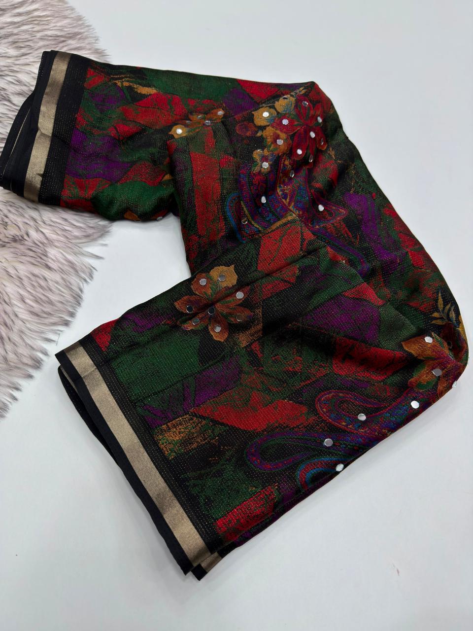 Soft silk real mirror work saree