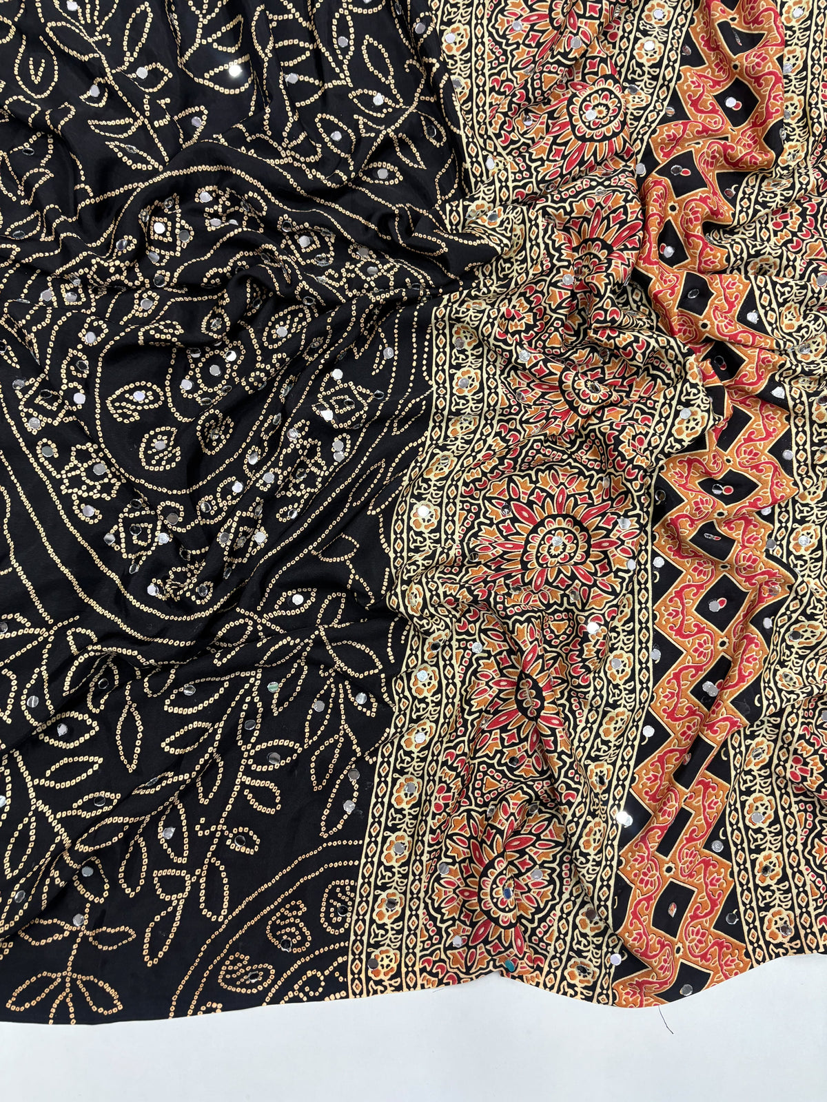 Ajrak mirror work sarees