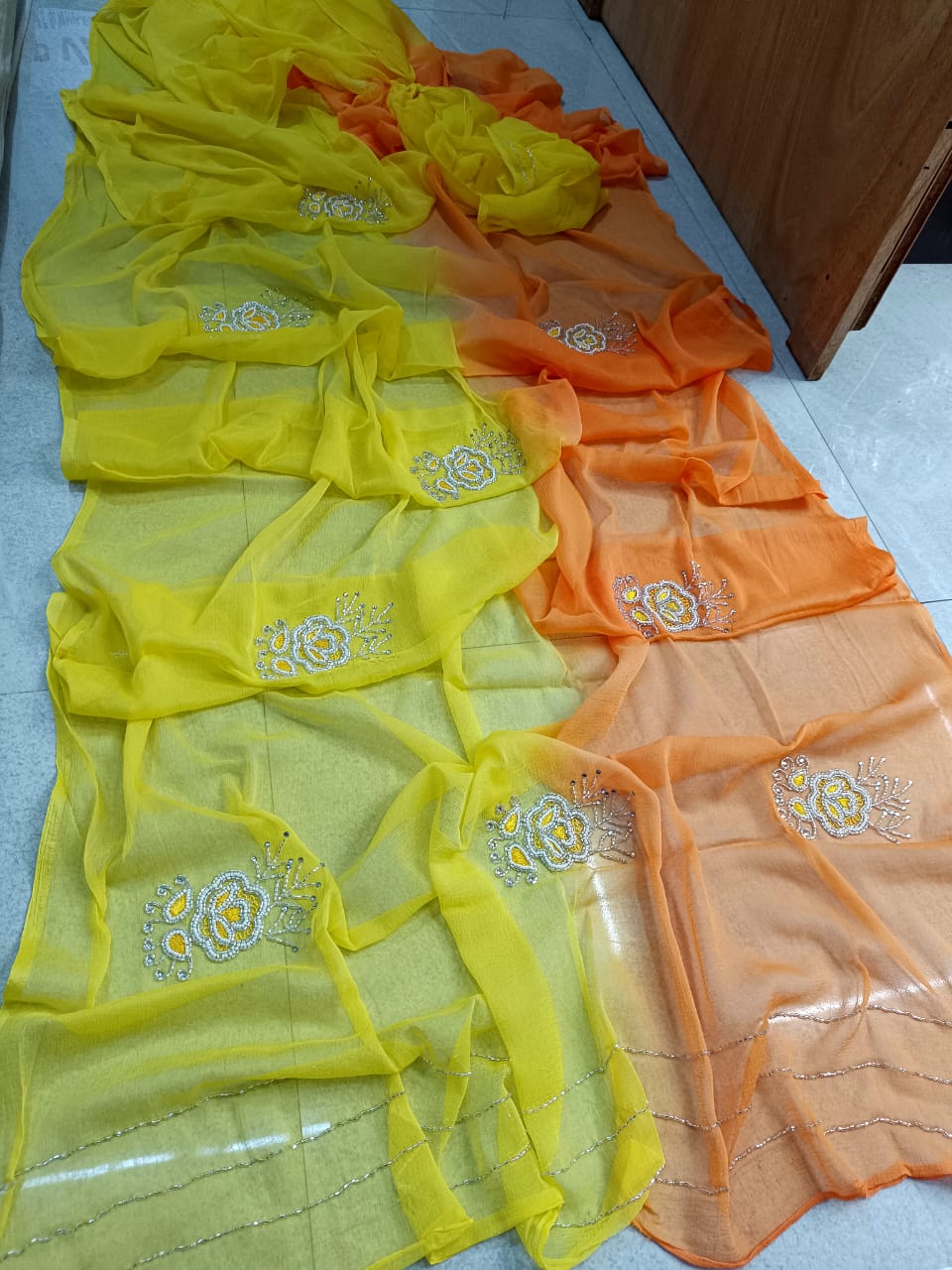 Dual Colour Chiffon Handwork sarees