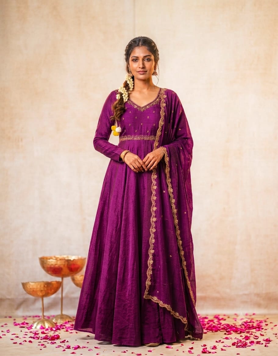 Vichitra silk gown with maggam work