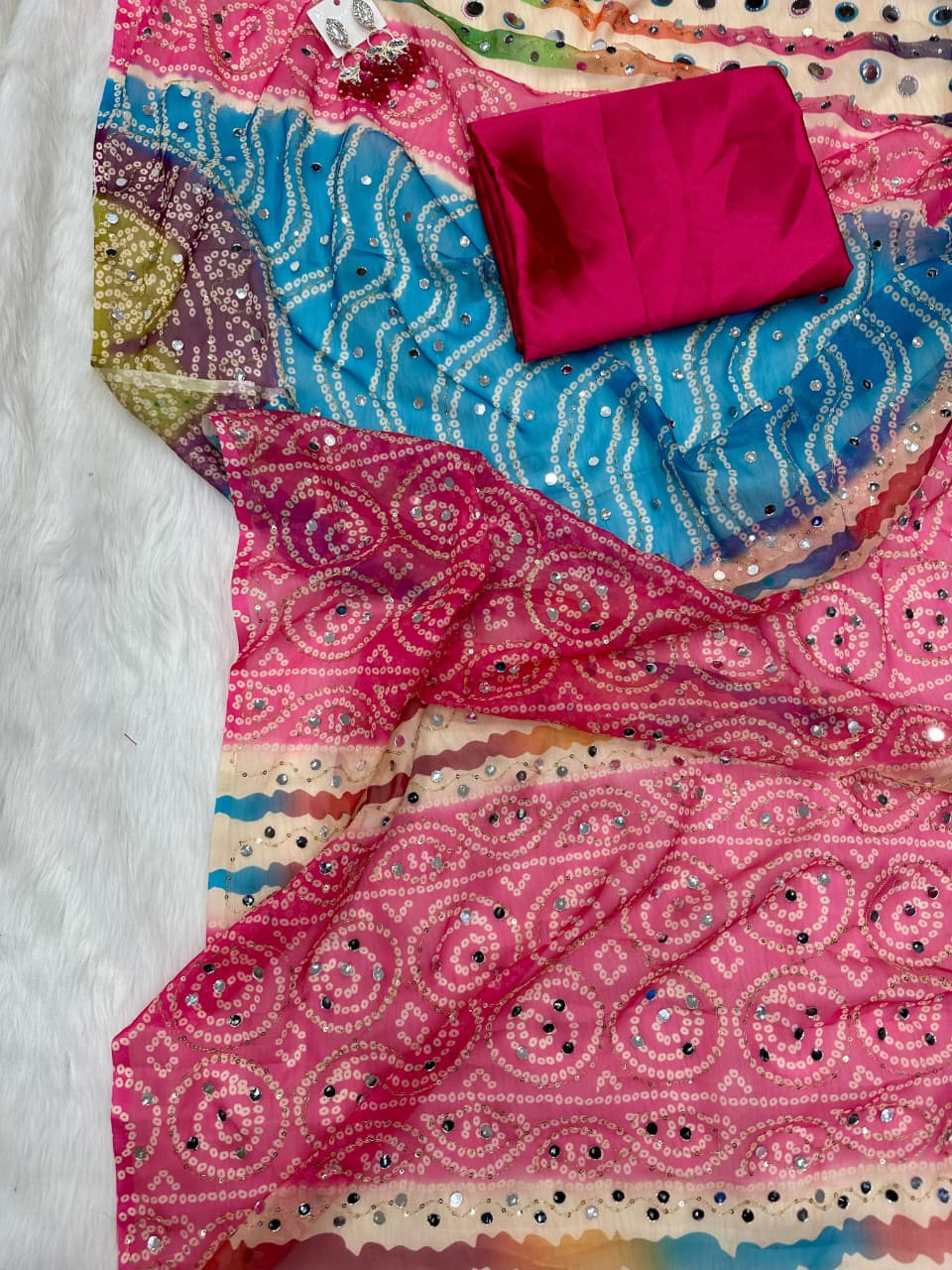 Tabby silk with real mirror bandini saree