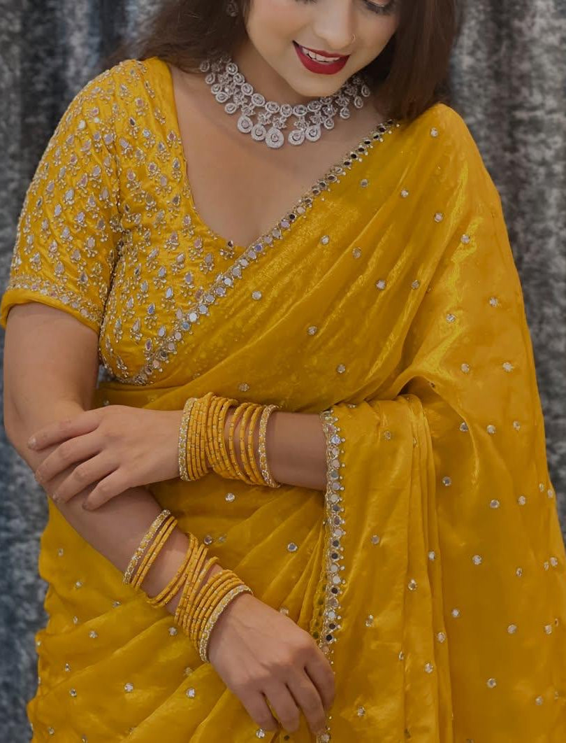 Space silk saree with real mirror work