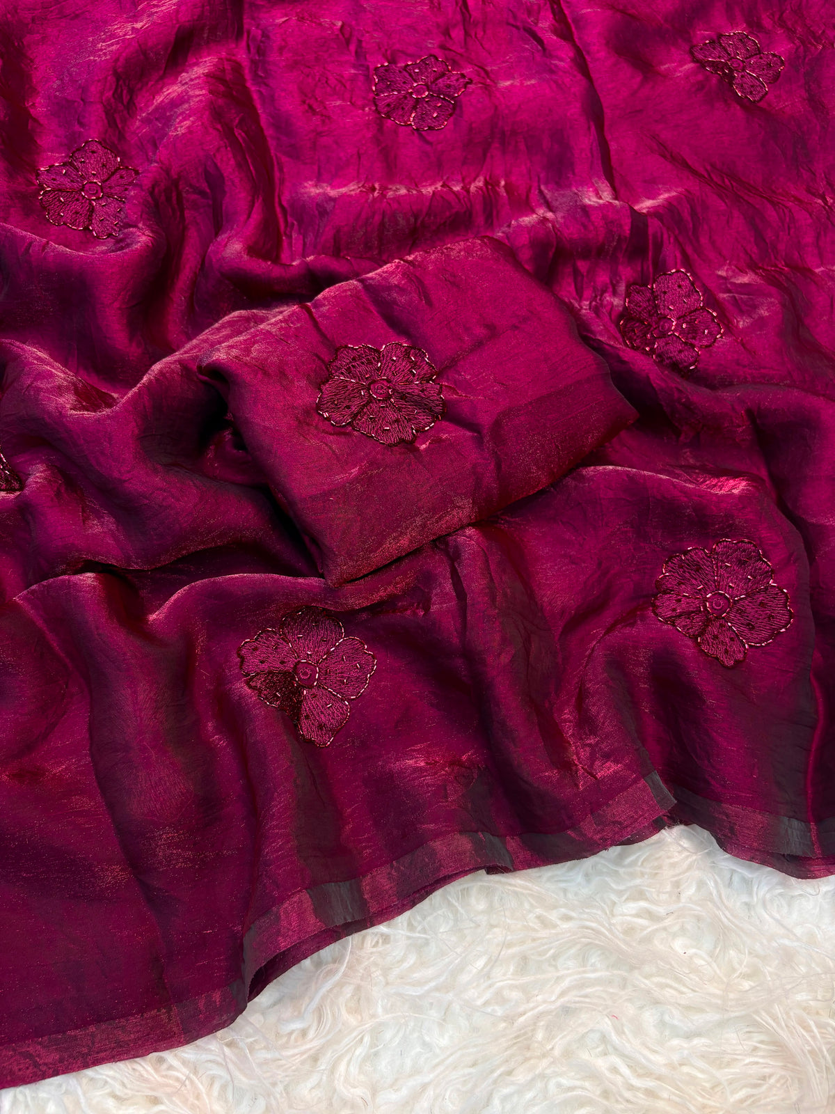 Space silk saree with beads work flower design