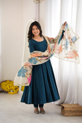 PREMIUM QUALITY PURE ROMANSILK FABRIC FULLY FLARE ANARKALI,WITH FANCY DUPAPTA SET.