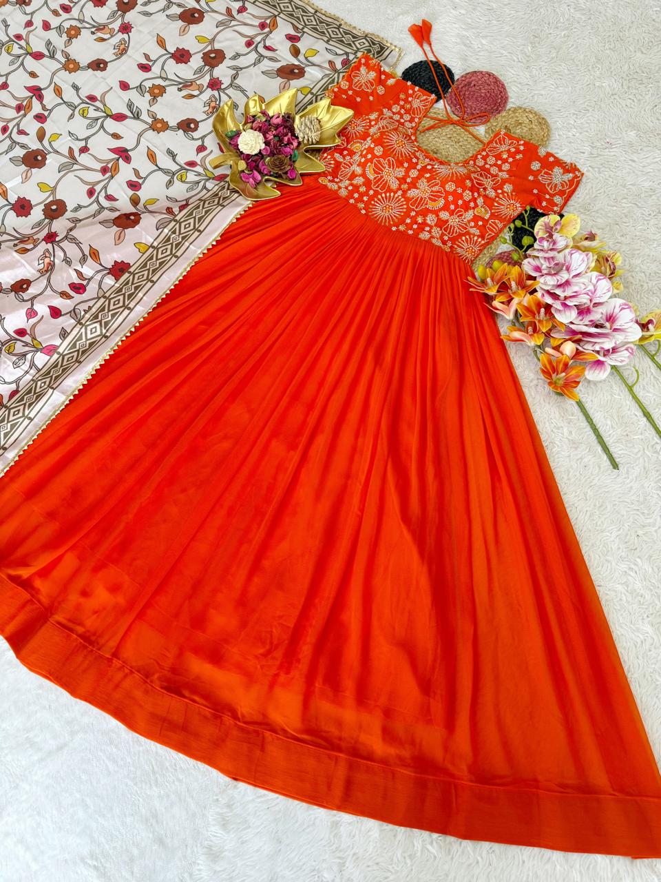 Maggam Work Gown With Kalamkari Dupatta