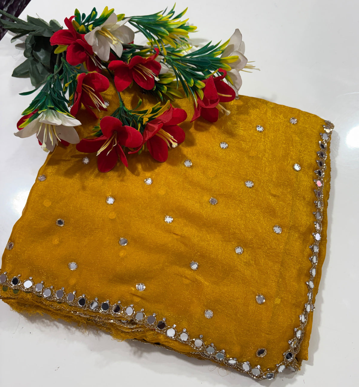 Space silk saree with real mirror work